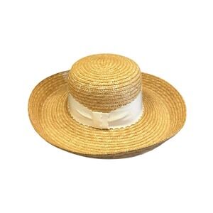 NWT LAURA ASHLEY Hat Womens Boater Straw Hat Optic White‎ Ribbon Bow Vintage 80s